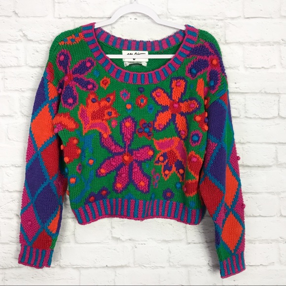 Handmade Sweaters - My Knit By Hand Rainbow PomPom Argyle Crop Sweater
